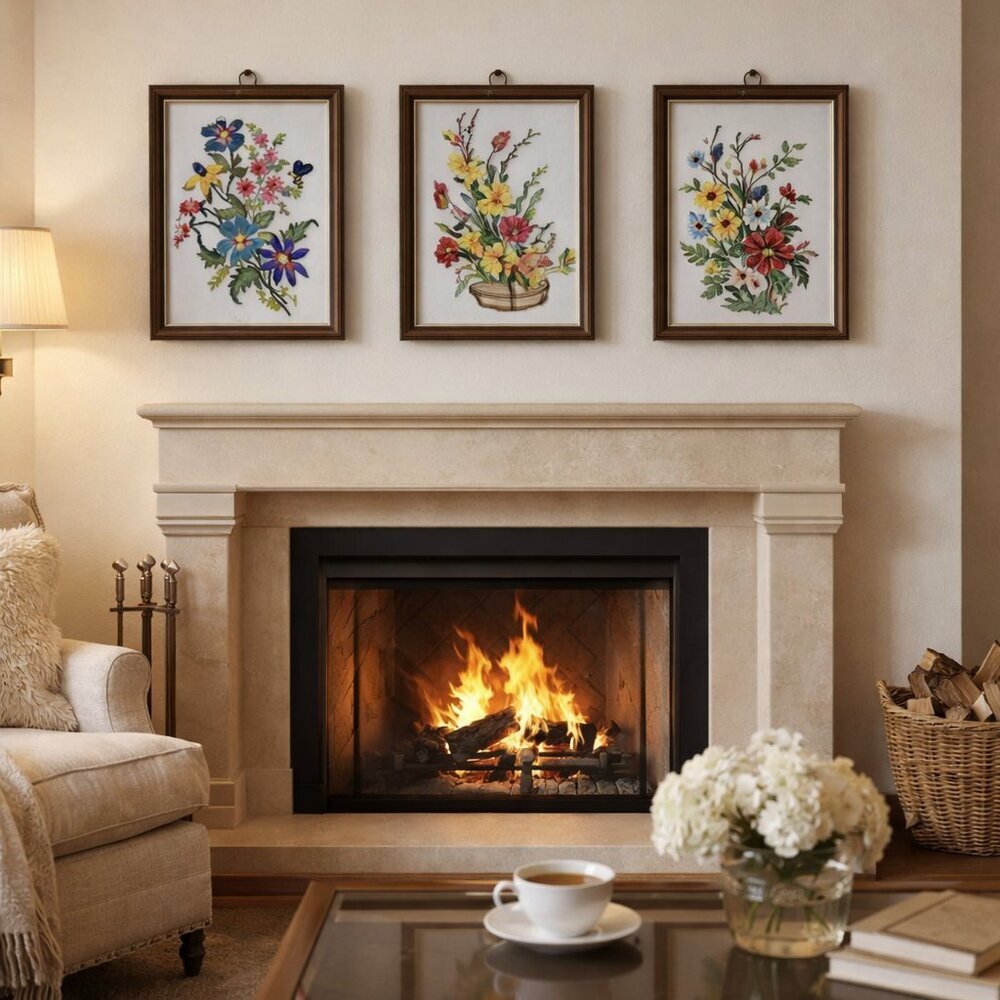 3 Floral Wall Art Trio in Wooden Frames Vintage Cottagecore Embroidery 11 x 14